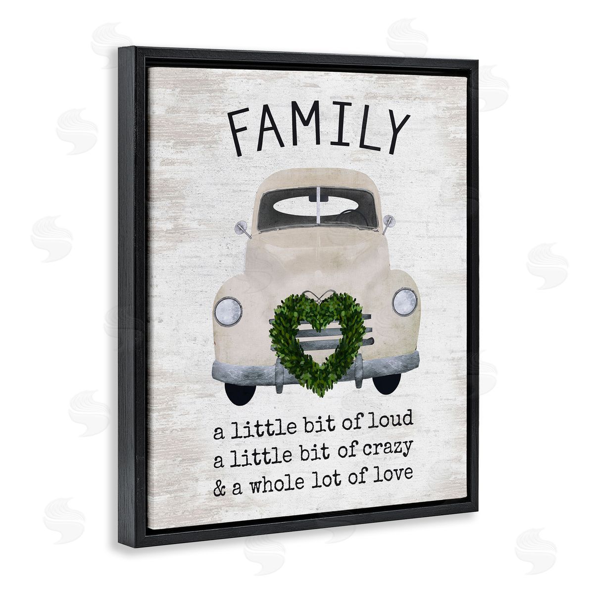 Lettered and Lined Wholesome Family Sign Antique Car Heart Wreath Black Floating Frame Canvas Wall Art Print