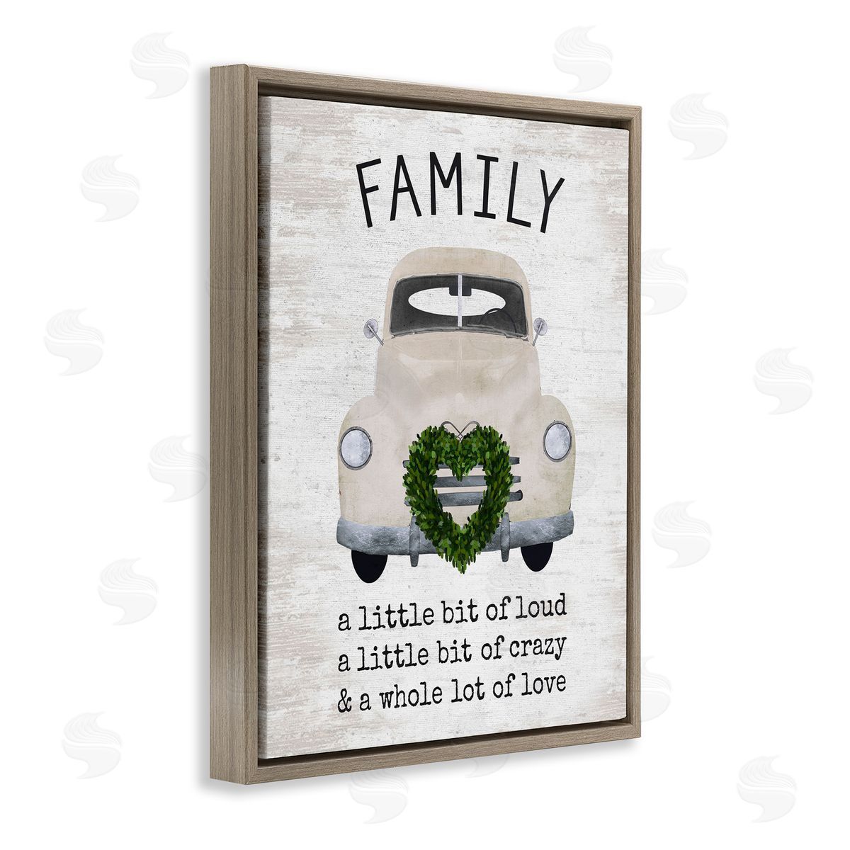 Lettered and Lined Wholesome Family Sign Antique Car Heart Wreath Brown Floating Frame Canvas Wall Art Print