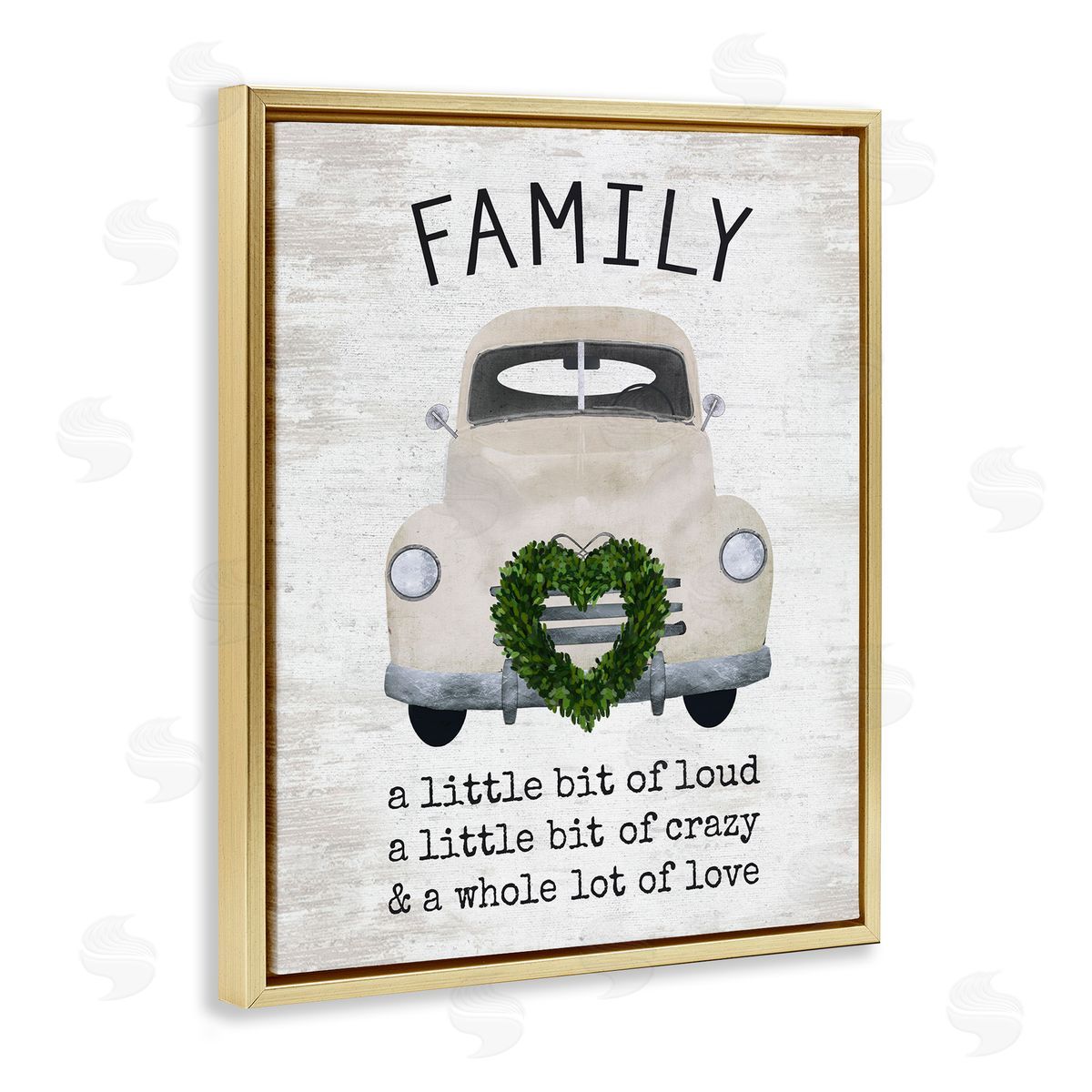 Lettered and Lined Wholesome Family Sign Antique Car Heart Wreath Gold Floating Frame Canvas Wall Art Print