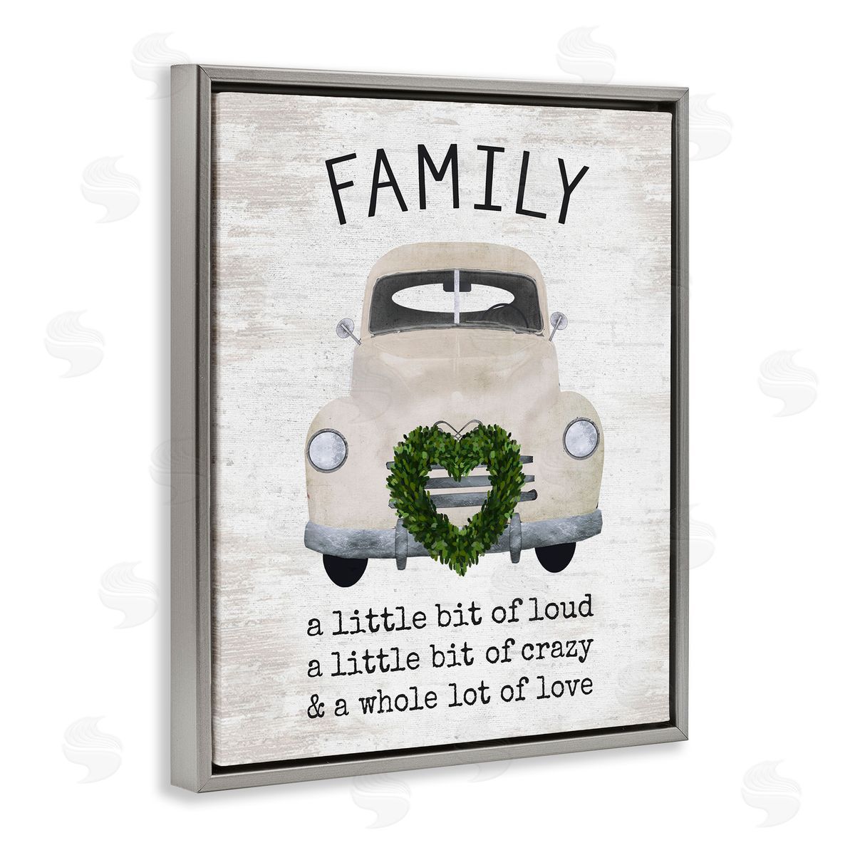 Lettered and Lined Wholesome Family Sign Antique Car Heart Wreath Gray Floating Frame Canvas Wall Art Print