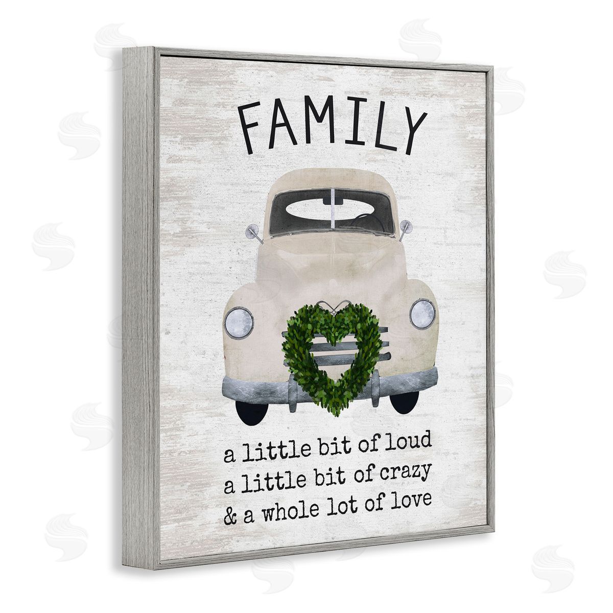 Lettered and Lined Wholesome Family Sign Antique Car Heart Wreath Gray Framed Giclee Wall Art Print