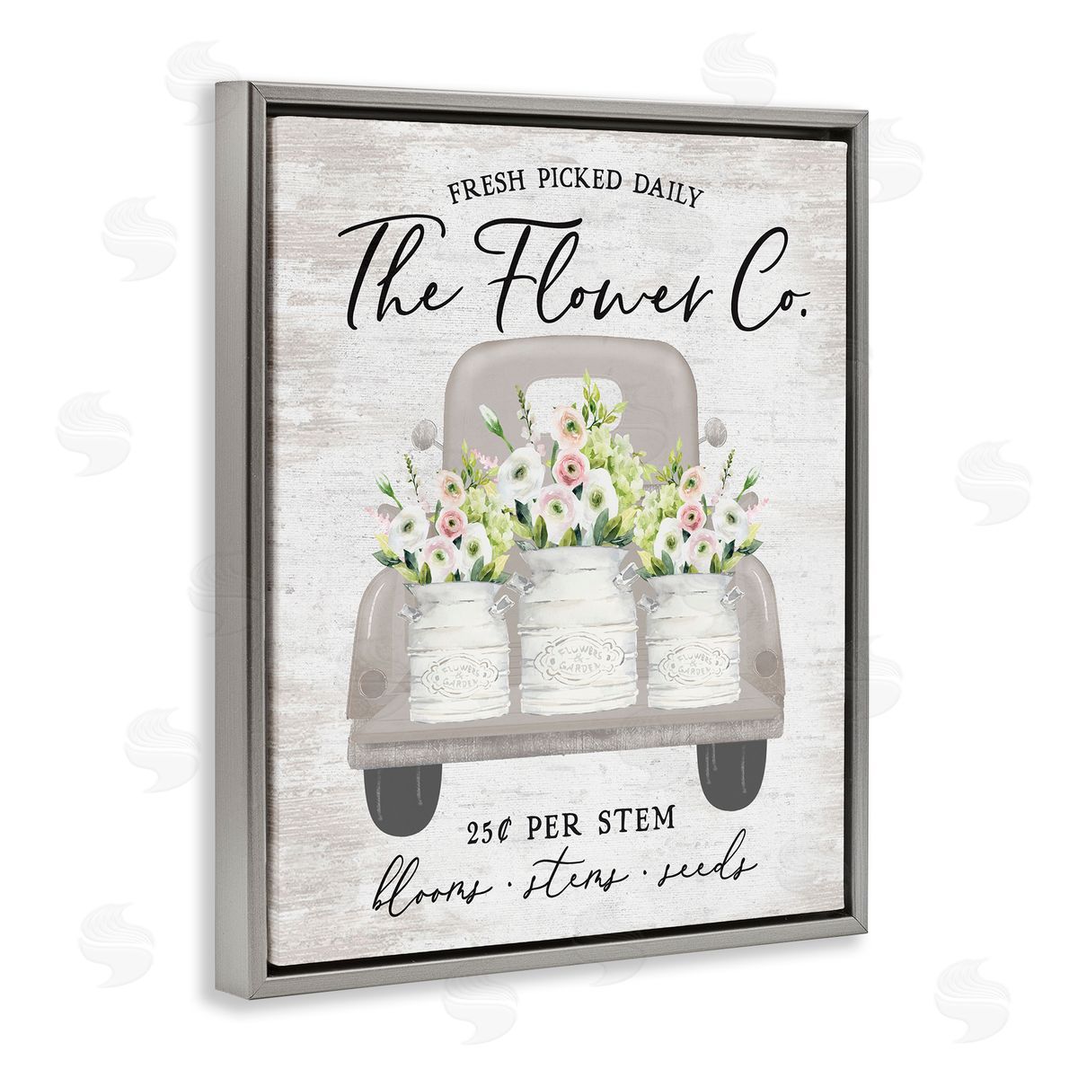 Lettered and Lined Antique Flower Sign Vintage Truck Bouquet Blossoms  Gray Floating Frame Canvas Wall Art Print