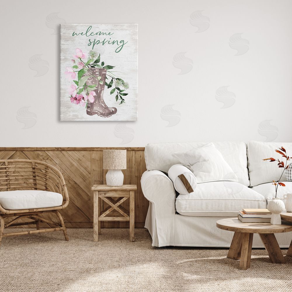 Lettered and Lined Welcome Spring Seasonal Rain Boots Flower Arrangement Canvas Wall Art Print in Room