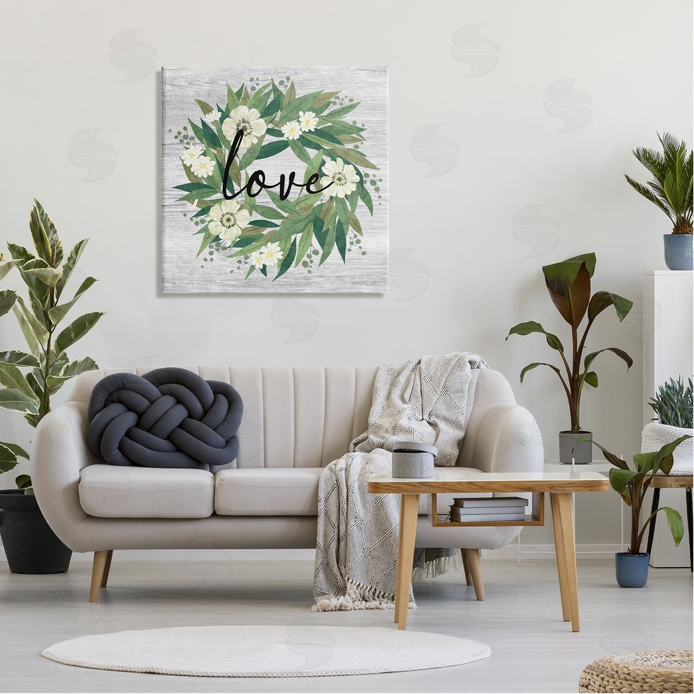Ziwei Li Botanical Love Calligraphy Floral Wreath Rustic Design  Canvas Wall Art in Room
