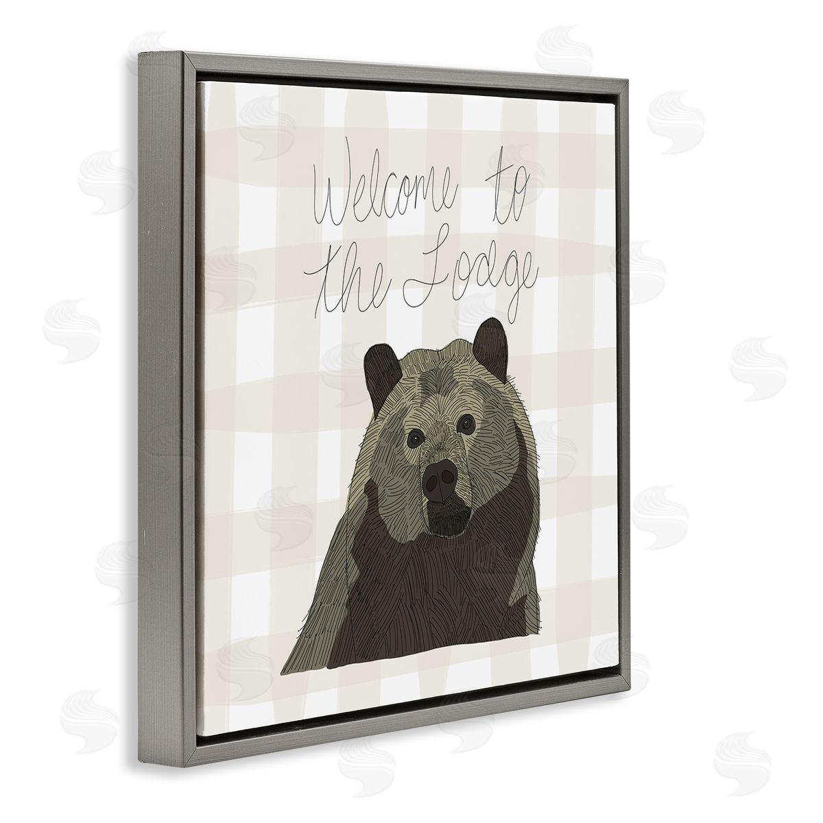 Tara Moss Welcome to the Lodge Cabin Entrance Bear Tartan Gray Floating Frame Canvas Wall Art Print