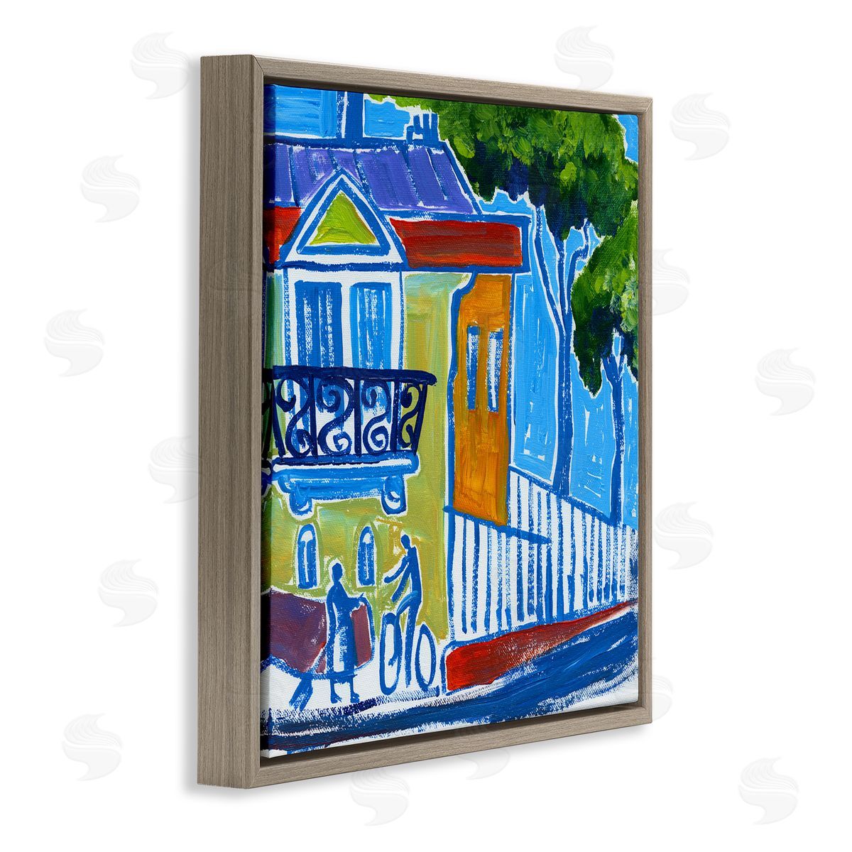 Ben Mann Abstract City Corner Modern Style Town Buildings Brown Floating Frame Canvas Wall Art Print