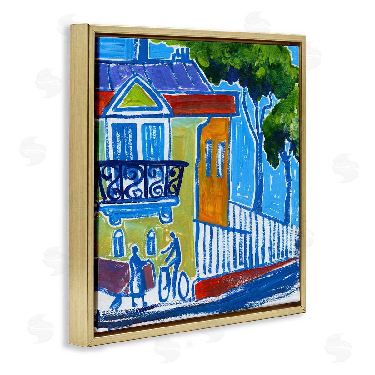 Ben Mann Abstract City Corner Modern Style Town Buildings Gold Floating Frame Canvas Wall Art Print