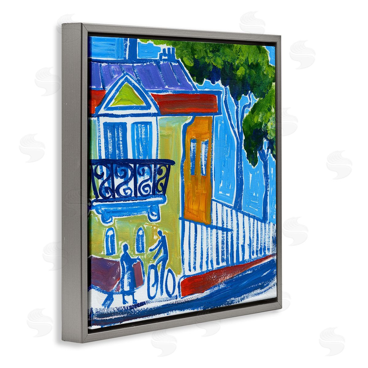 Ben Mann Abstract City Corner Modern Style Town Buildings Gray Floating Frame Canvas Wall Art Print