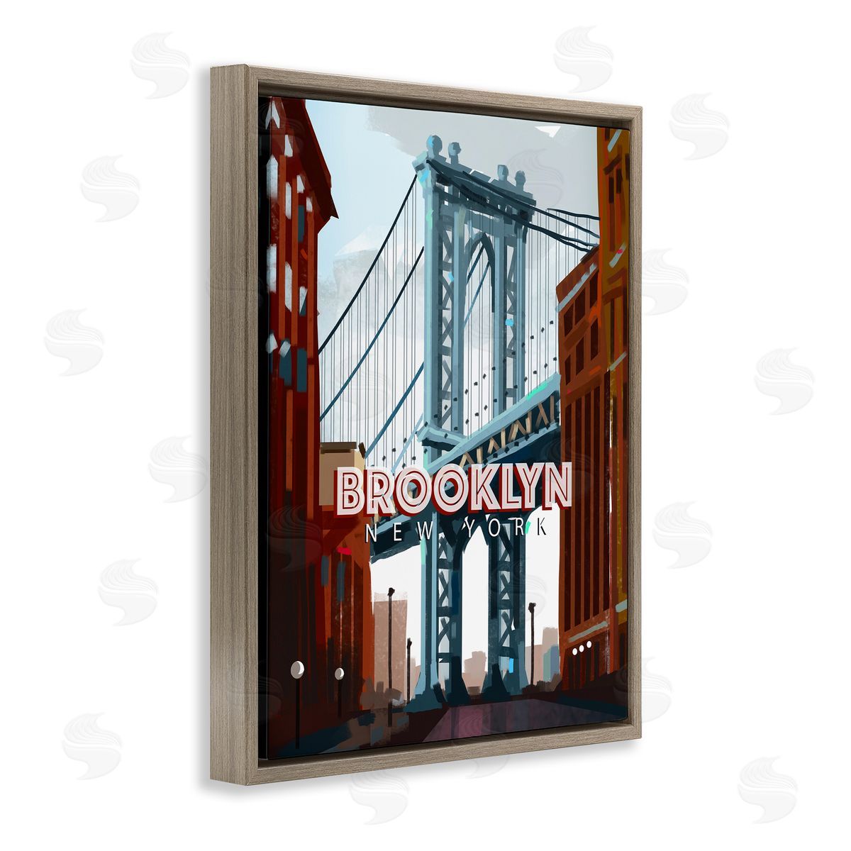 David Owens Illustration Layered Brooklyn Bridge Architecture Urban Scenery Travel Brown Floating Frame Canvas Wall Art Print