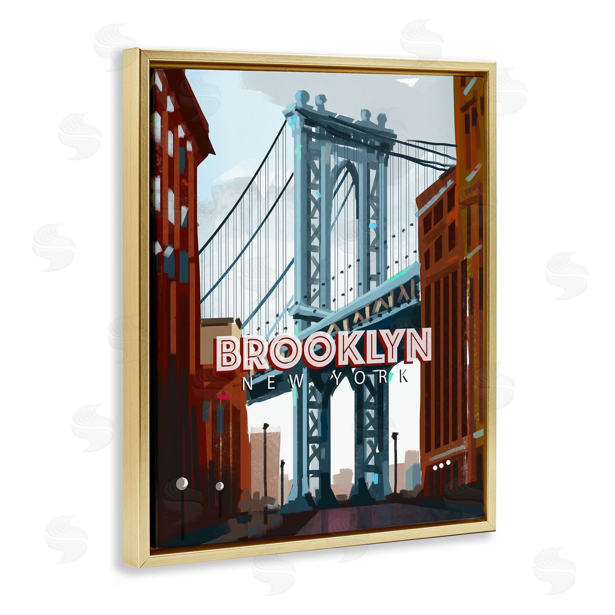 David Owens Illustration Layered Brooklyn Bridge Architecture Urban Scenery Travel Gold Floating Frame Canvas Wall Art Print