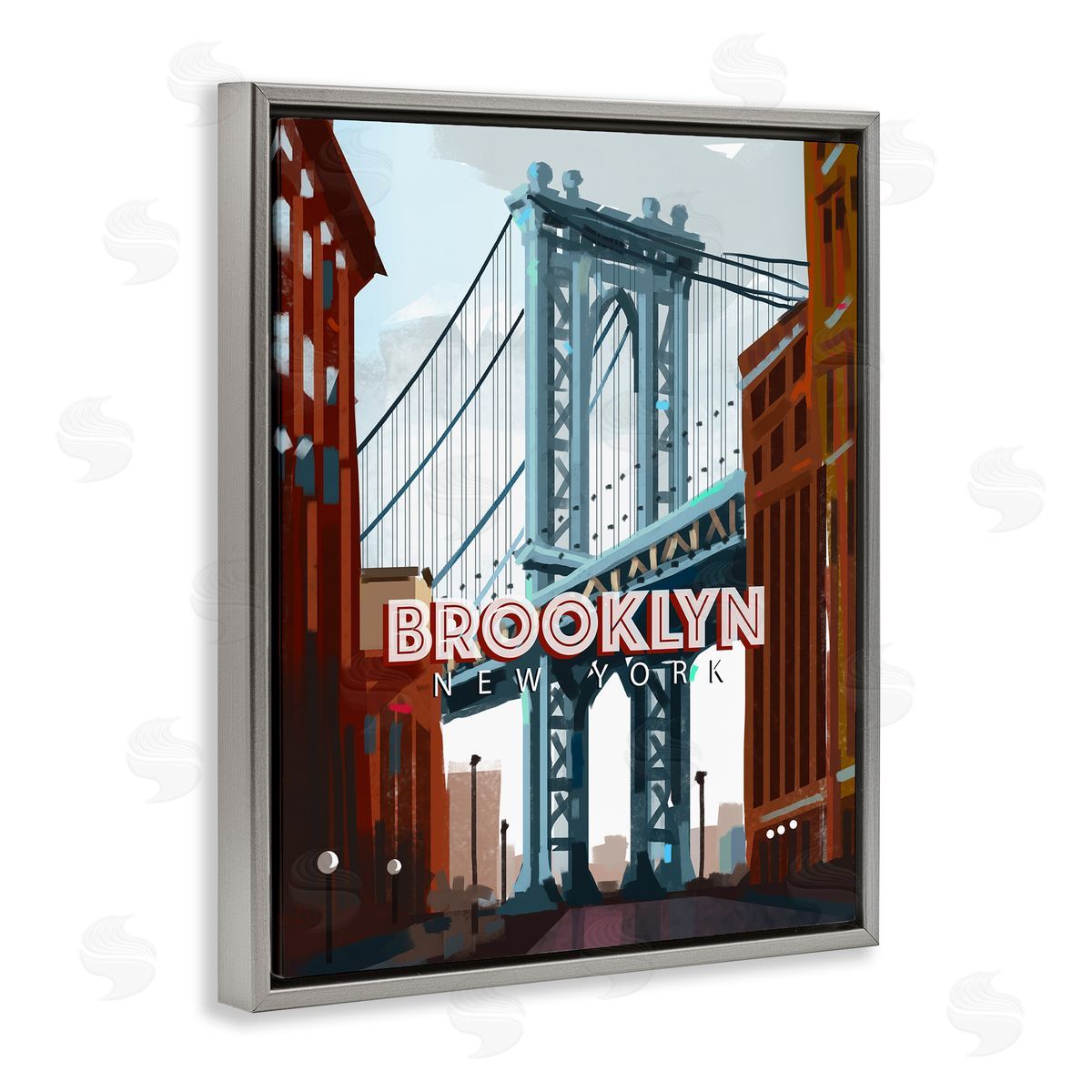 David Owens Illustration Layered Brooklyn Bridge Architecture Urban Scenery Travel Gray Floating Frame Canvas Wall Art Print