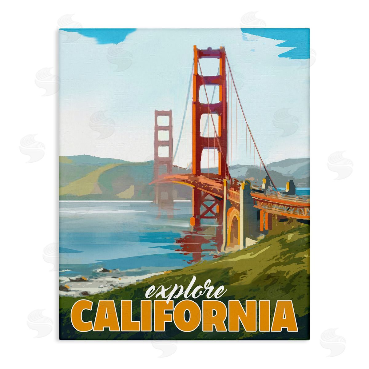 David Owens Illustration Explore California Water Bridge Distant Meadows Scenery Stretched Canvas Wall Art Print