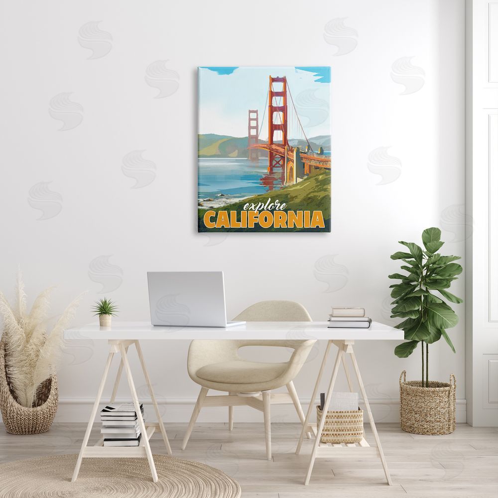 David Owens Illustration Explore California Water Bridge Distant Meadows Scenery Canvas Wall Art Print in Room