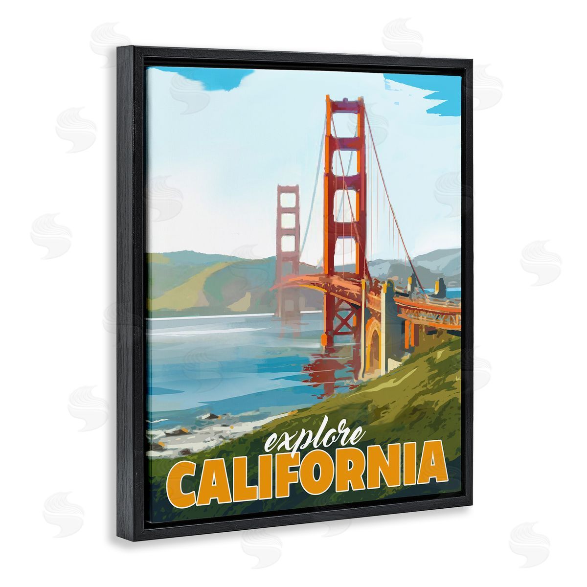 David Owens Illustration Explore California Water Bridge Distant Meadows Scenery Black Floating Frame Canvas Wall Art Print
