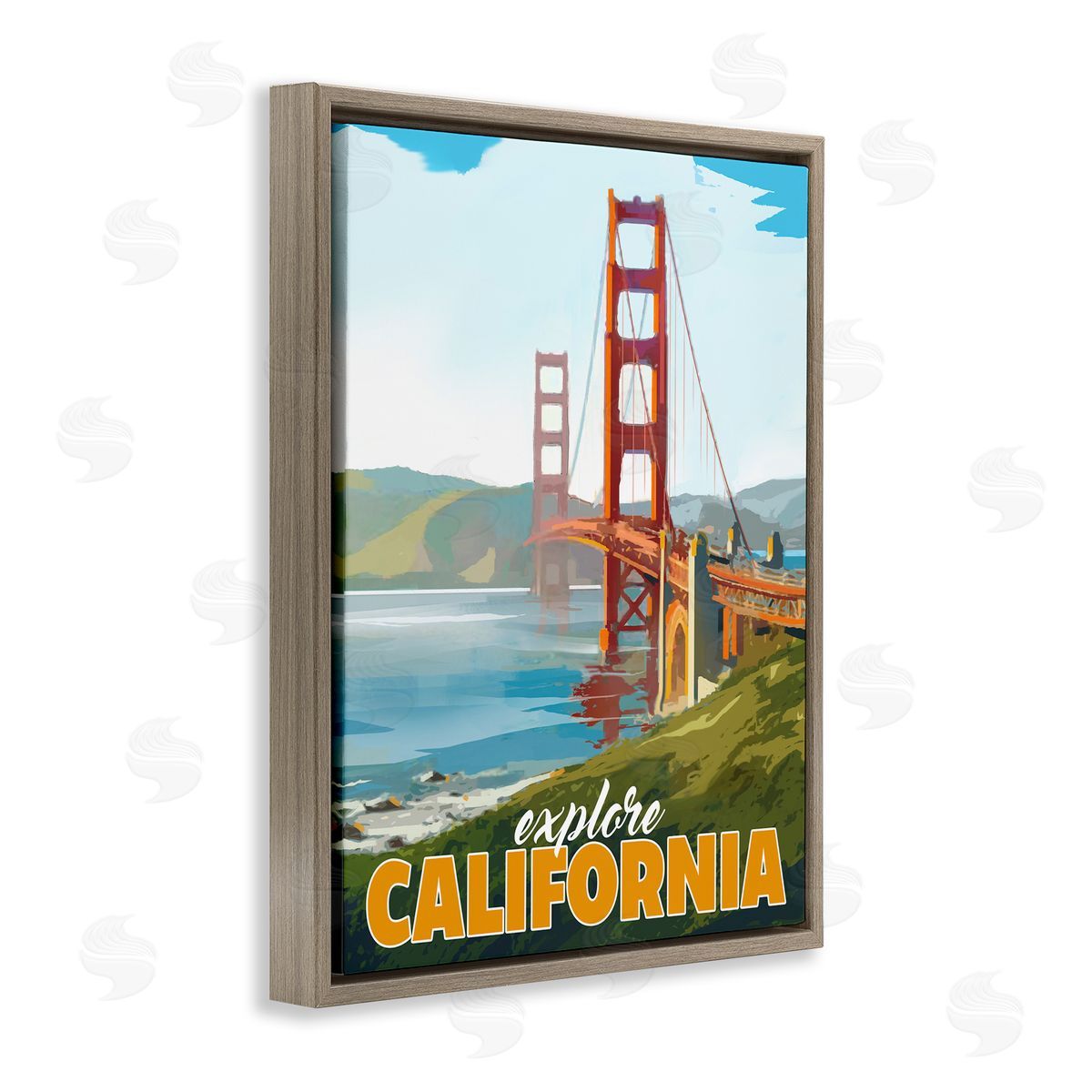 David Owens Illustration Explore California Water Bridge Distant Meadows Scenery Brown Floating Frame Canvas Wall Art Print
