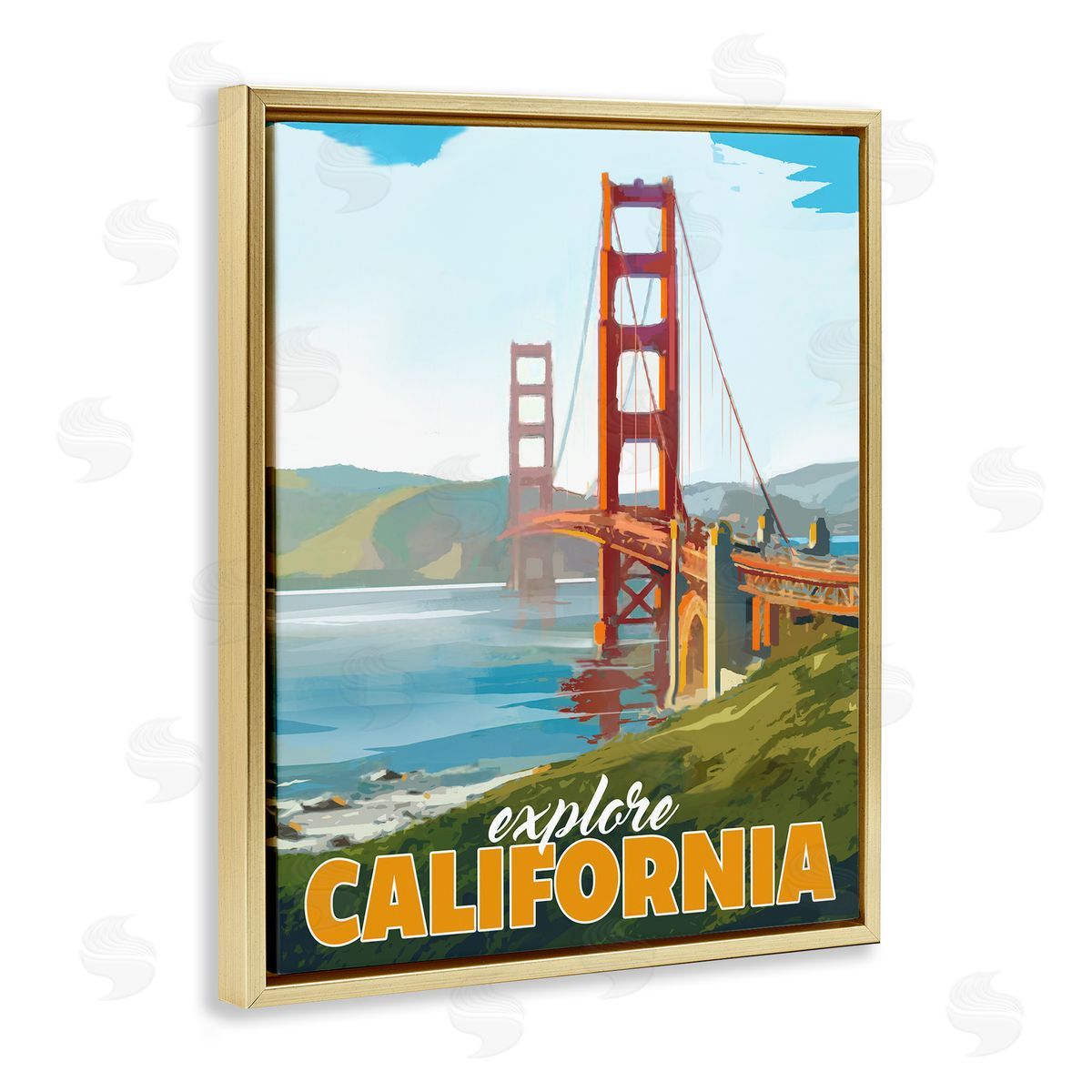 David Owens Illustration Explore California Water Bridge Distant Meadows Scenery Gold Floating Frame Canvas Wall Art Print