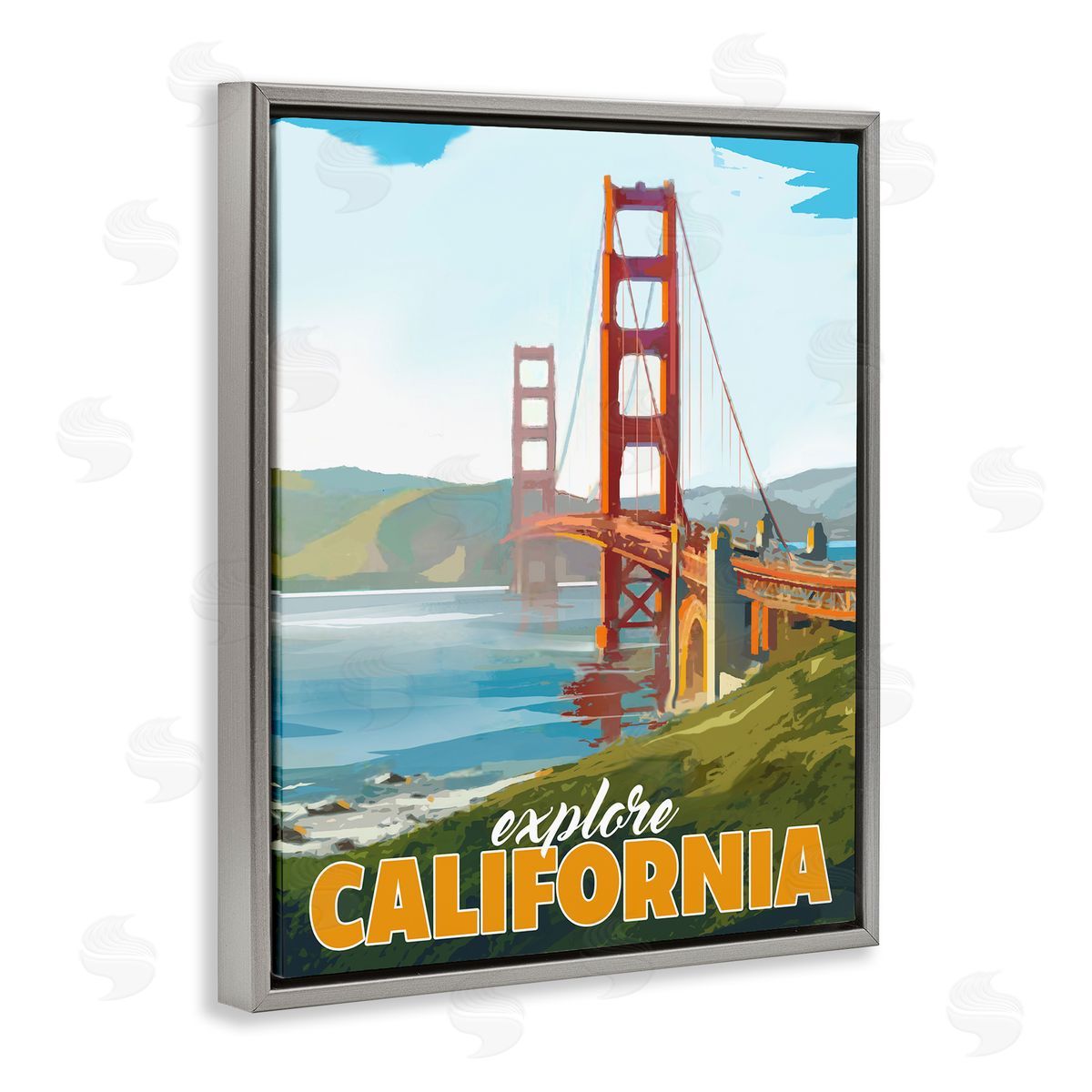 David Owens Illustration Explore California Water Bridge Distant Meadows Scenery Gray Floating Frame Canvas Wall Art Print