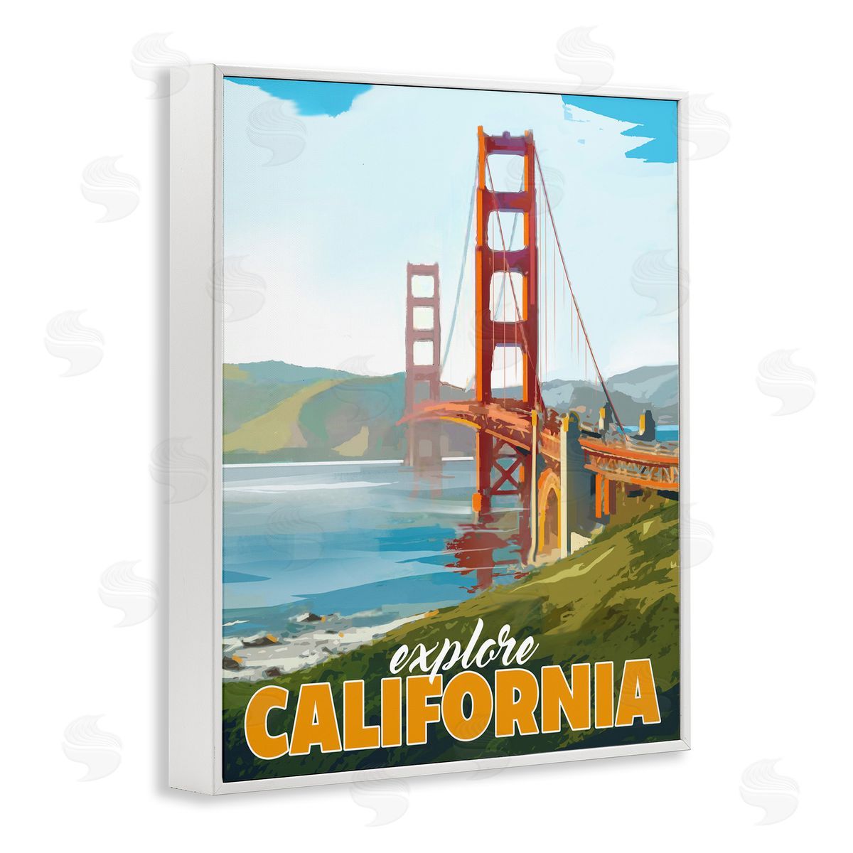 David Owens Illustration Explore California Water Bridge Distant Meadows Scenery White Framed Giclee Wall Art Print