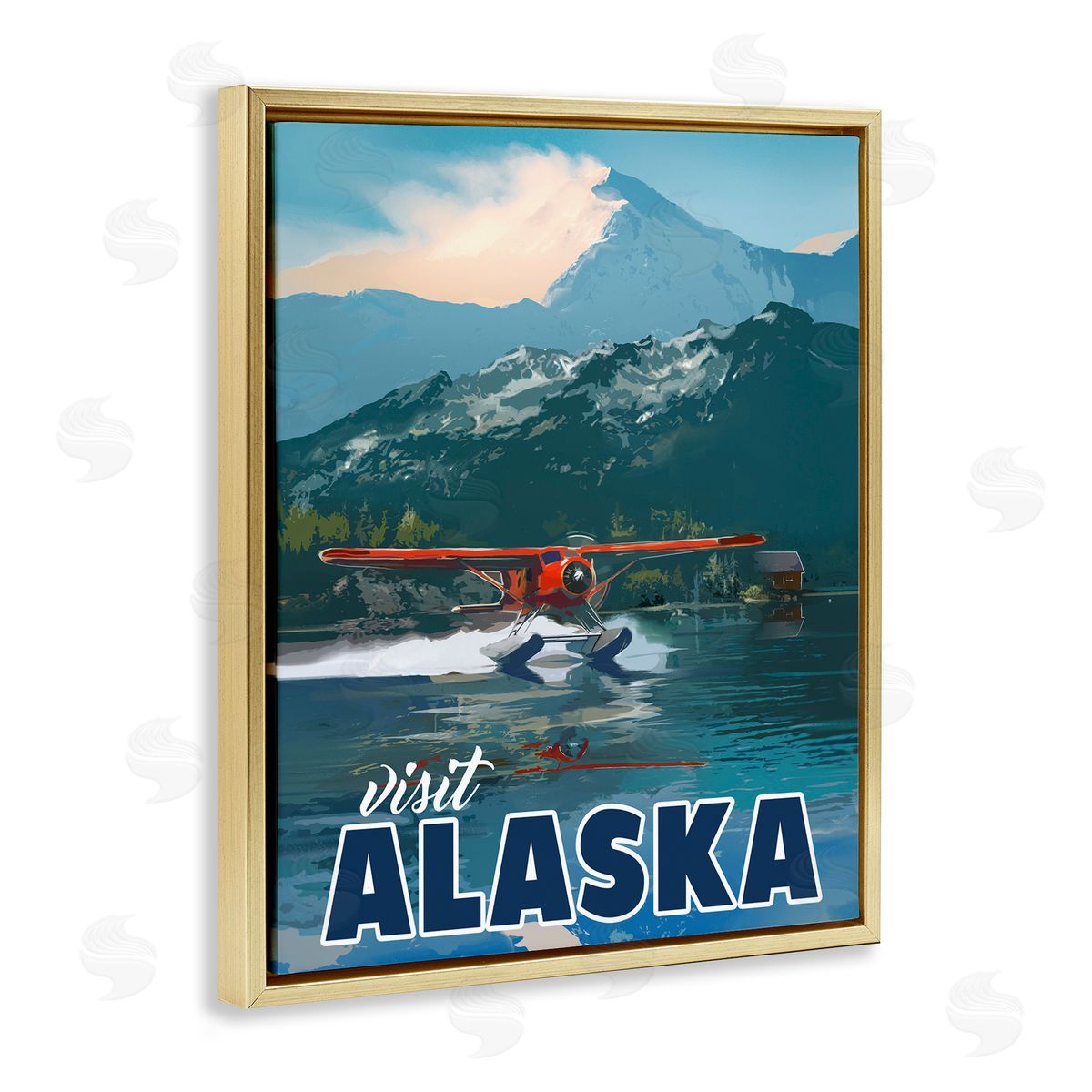 David Owens Illustration Visit Alaska Seaplane Landing Snowy Mountain Scenery Gold Floating Frame Canvas Wall Art Print