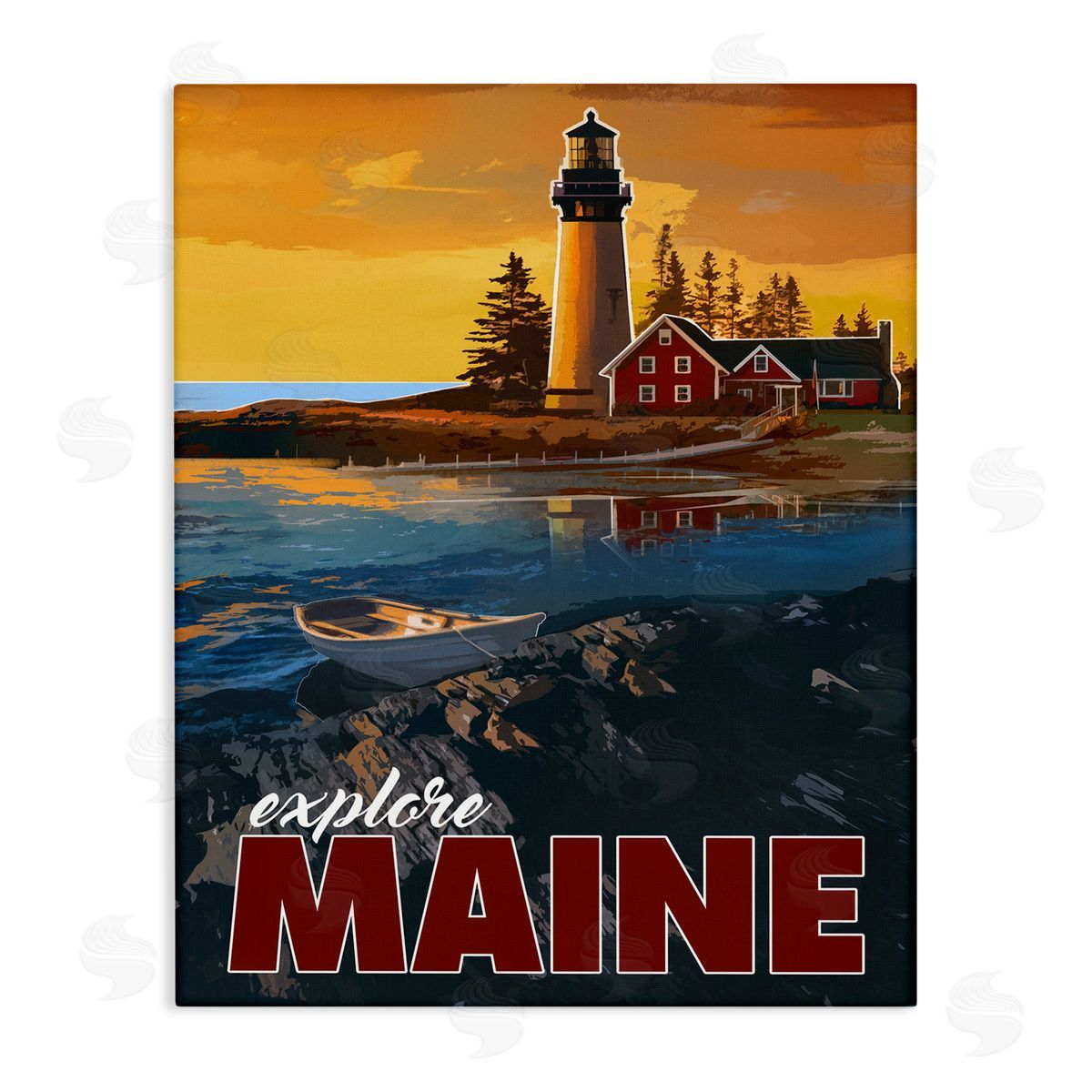 David Owens Illustration Explore Maine Distant Ocean Lighthouse Beacon Travel Stretched Canvas Wall Art Print