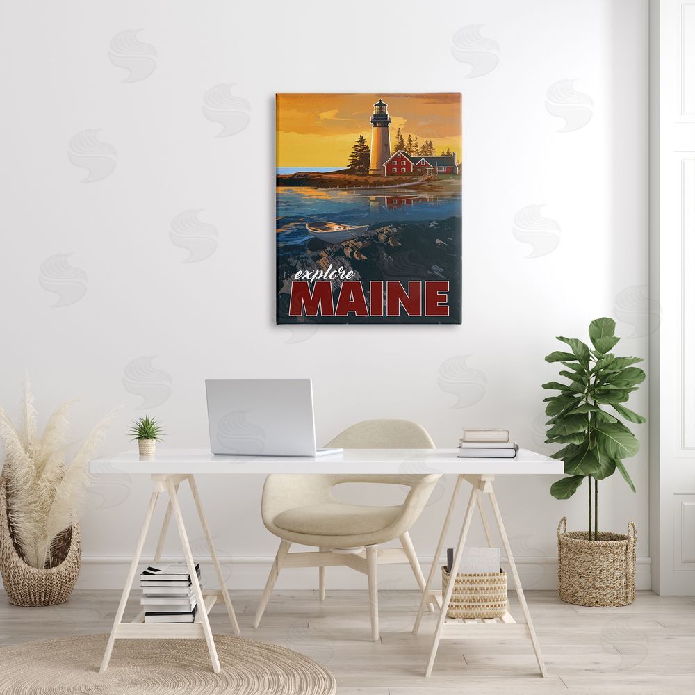 David Owens Illustration Explore Maine Distant Ocean Lighthouse Beacon Travel Canvas Wall Art Print in Room