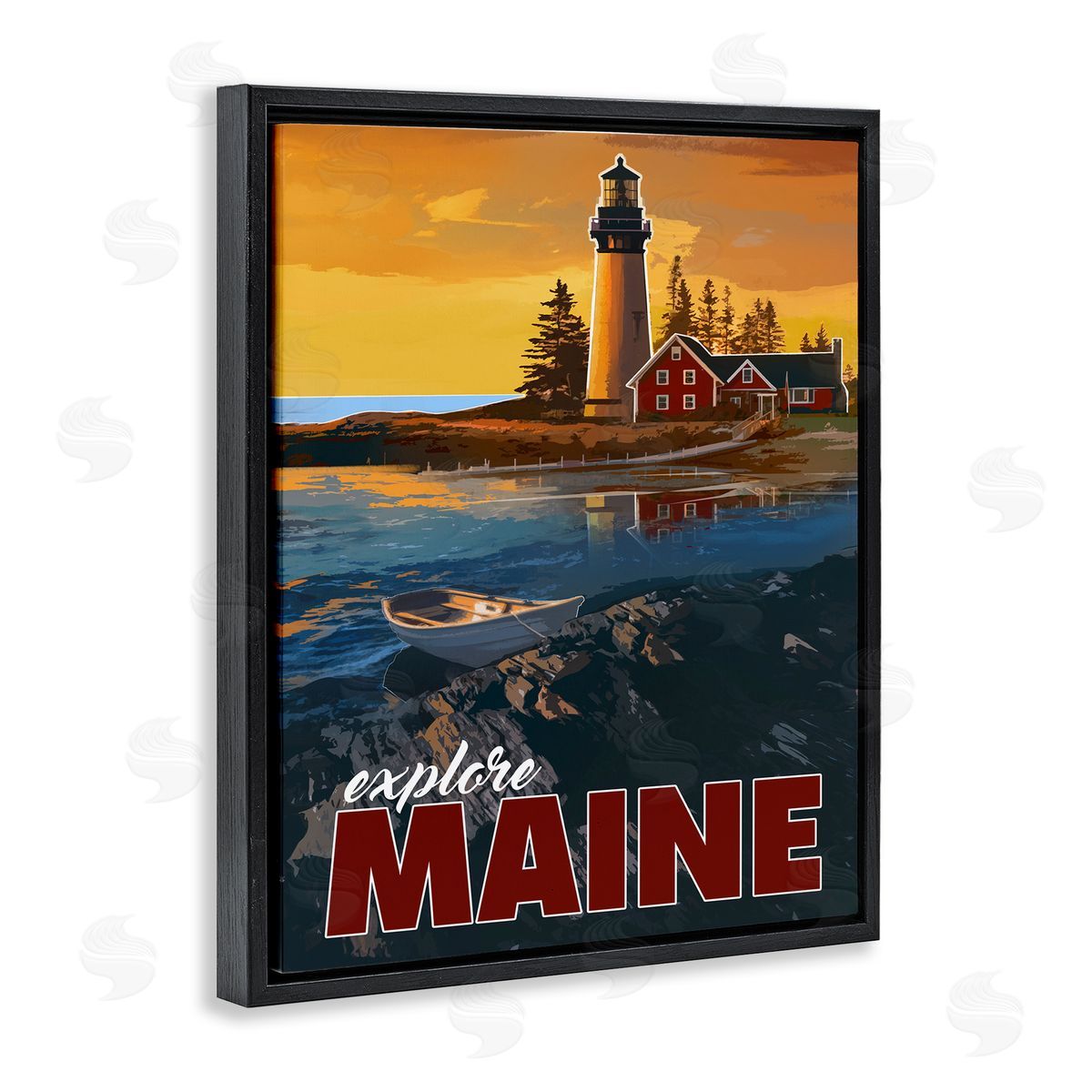 David Owens Illustration Explore Maine Distant Ocean Lighthouse Beacon Travel Black Floating Frame Canvas Wall Art Print
