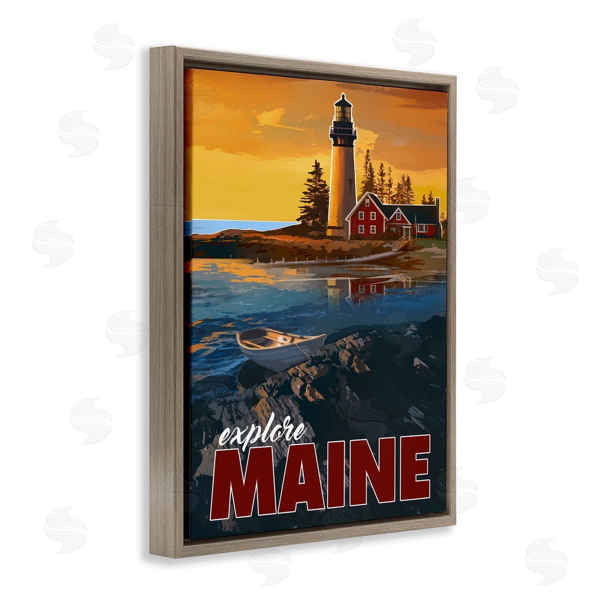 David Owens Illustration Explore Maine Distant Ocean Lighthouse Beacon Travel Brown Floating Frame Canvas Wall Art Print
