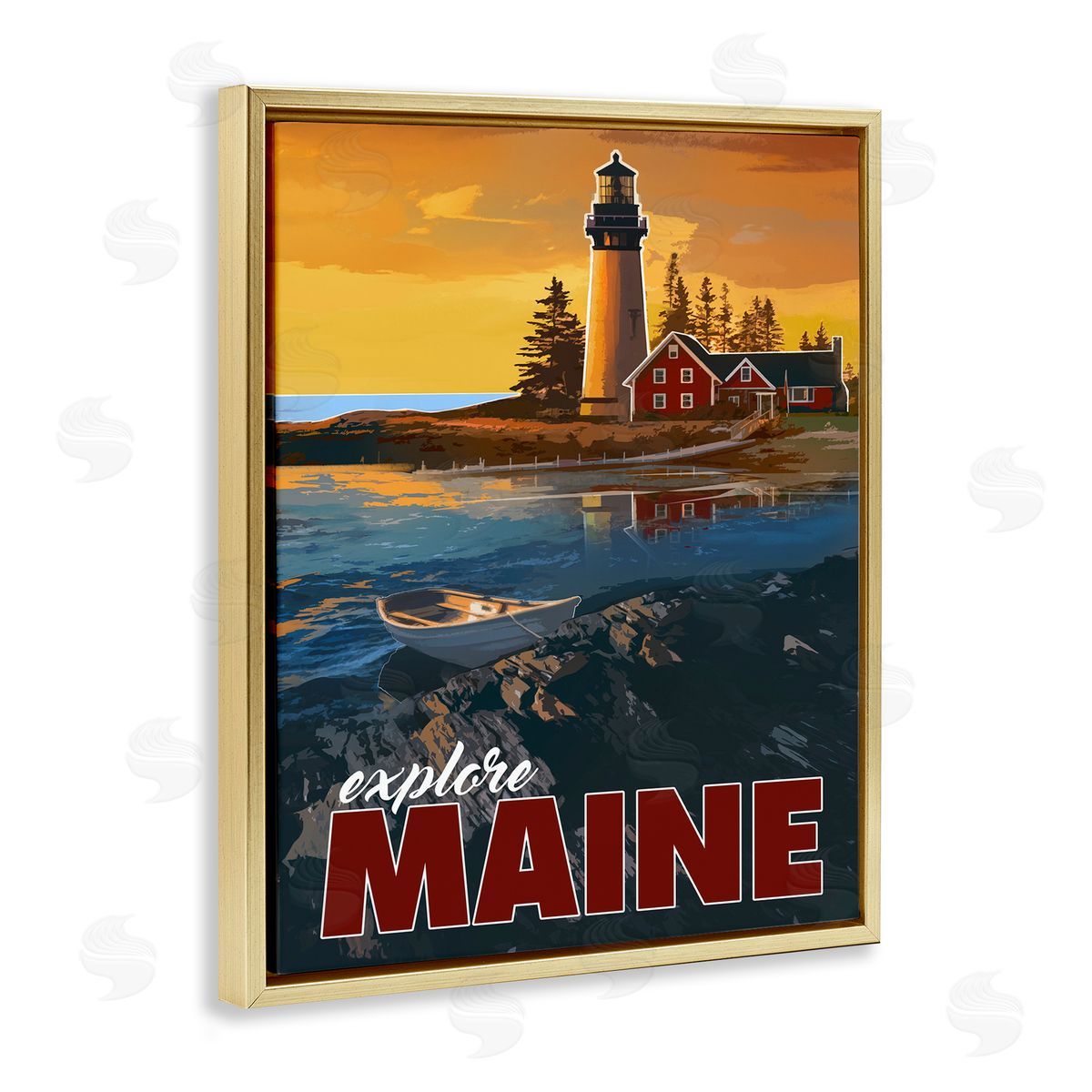 David Owens Illustration Explore Maine Distant Ocean Lighthouse Beacon Travel Gold Floating Frame Canvas Wall Art Print