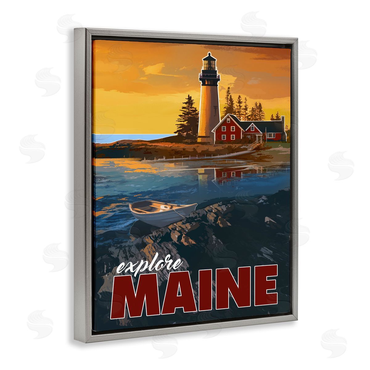 David Owens Illustration Explore Maine Distant Ocean Lighthouse Beacon Travel Gray Floating Frame Canvas Wall Art Print