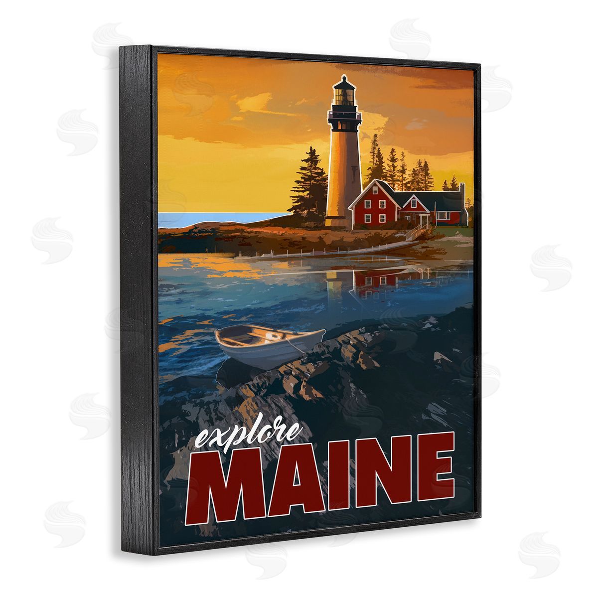 David Owens Illustration Explore Maine Distant Ocean Lighthouse Beacon Travel Black Framed Giclee Wall Art Print