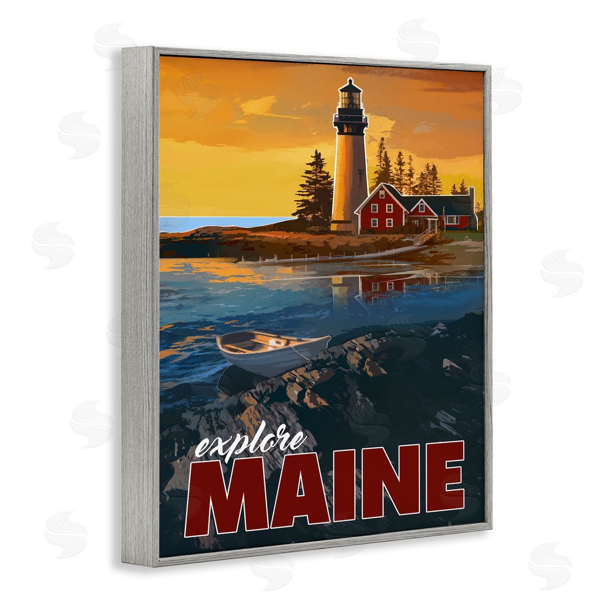 David Owens Illustration Explore Maine Distant Ocean Lighthouse Beacon Travel Gray Framed Giclee Wall Art Print
