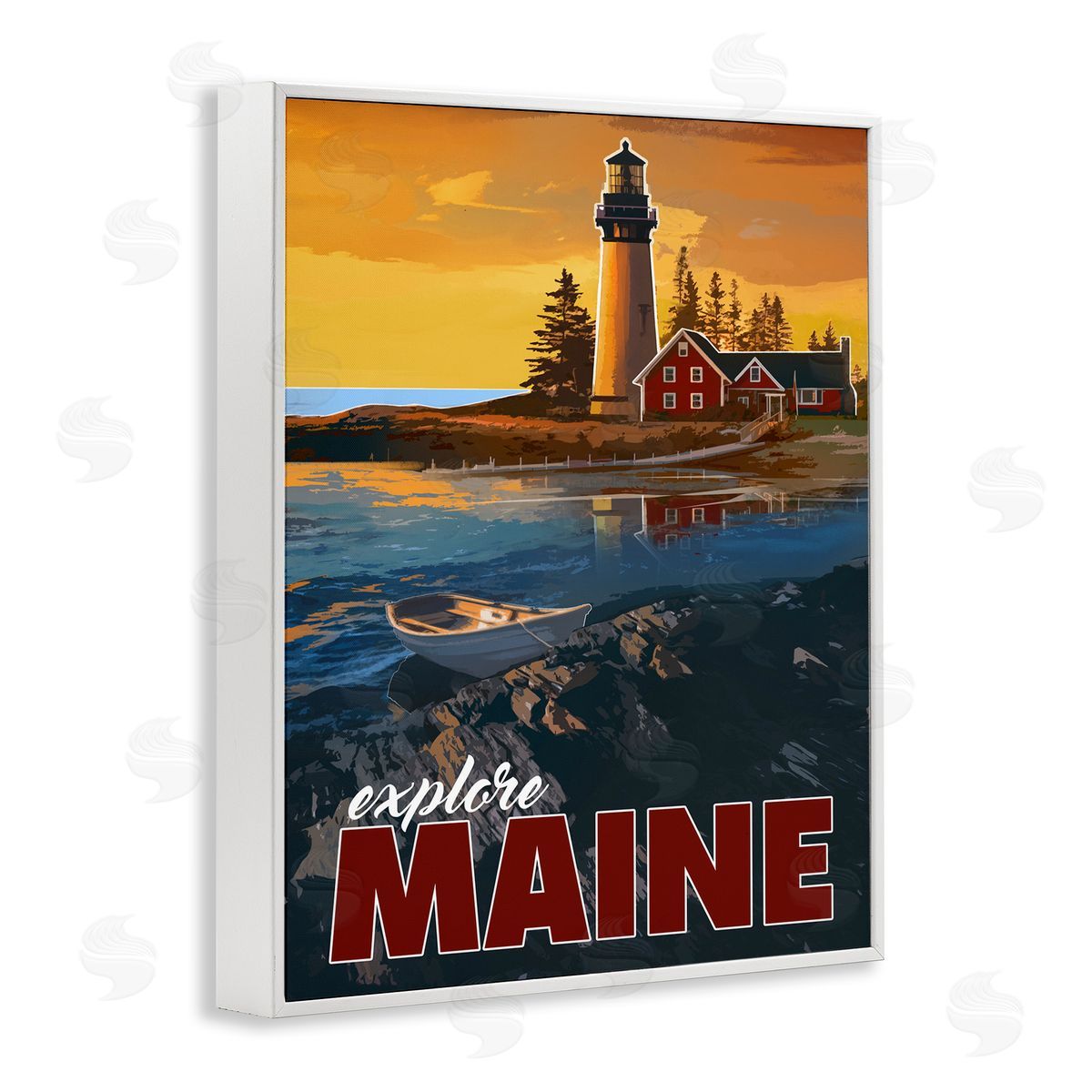 David Owens Illustration Explore Maine Distant Ocean Lighthouse Beacon Travel White Framed Giclee Wall Art Print