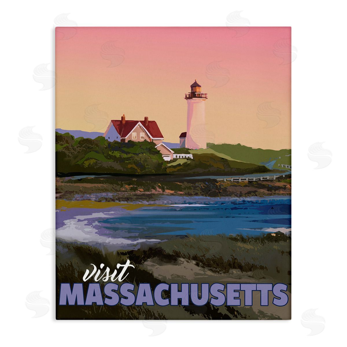 David Owens Illustration Visit Massachusetts Pink Sunset Sky Ocean Inlet  Stretched Canvas Wall Art Print