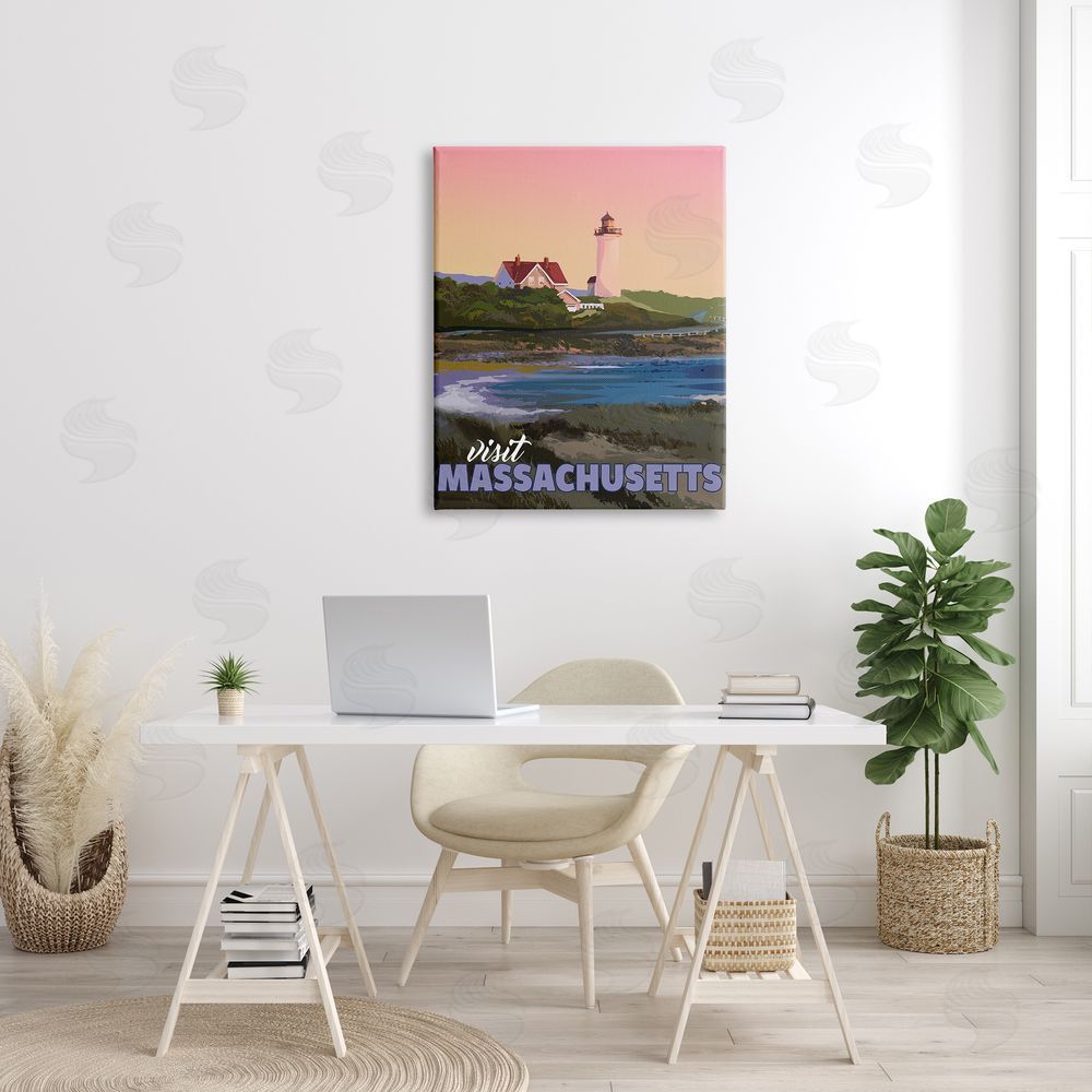 David Owens Illustration Visit Massachusetts Pink Sunset Sky Ocean Inlet  Canvas Wall Art Print in Room