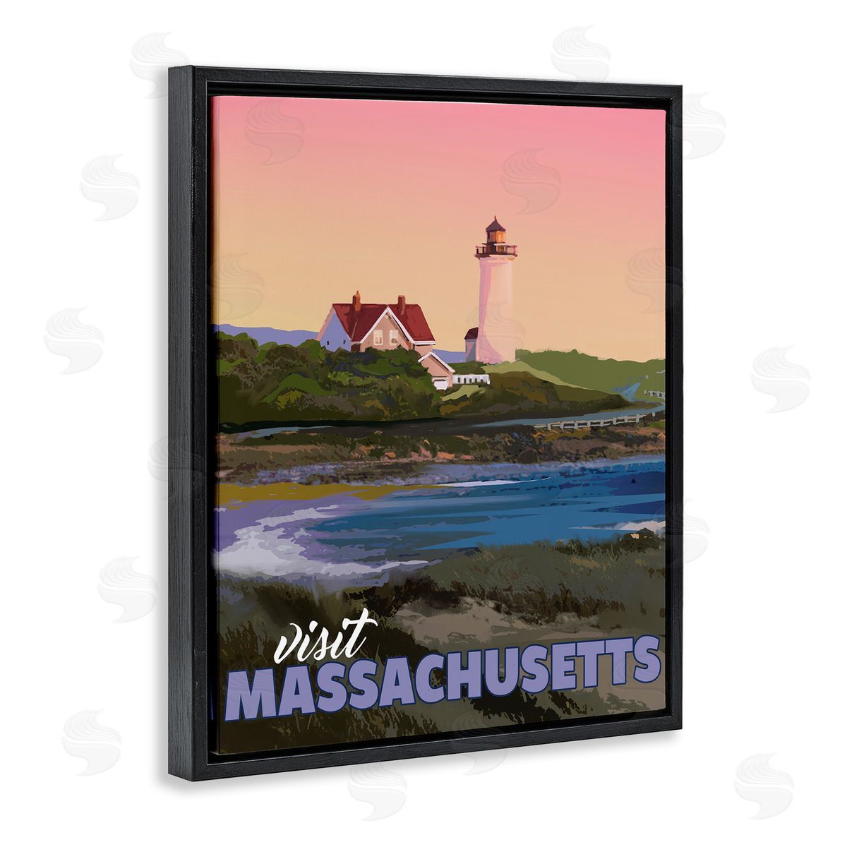 David Owens Illustration Visit Massachusetts Pink Sunset Sky Ocean Inlet  Black Floating Frame Canvas Wall Art Print