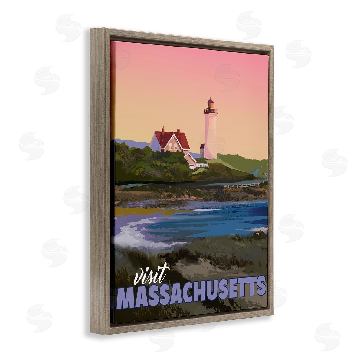 David Owens Illustration Visit Massachusetts Pink Sunset Sky Ocean Inlet  Brown Floating Frame Canvas Wall Art Print
