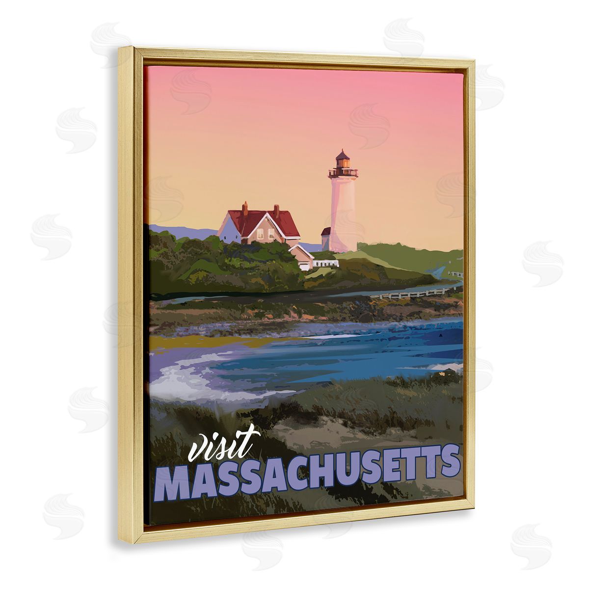 David Owens Illustration Visit Massachusetts Pink Sunset Sky Ocean Inlet  Gold Floating Frame Canvas Wall Art Print