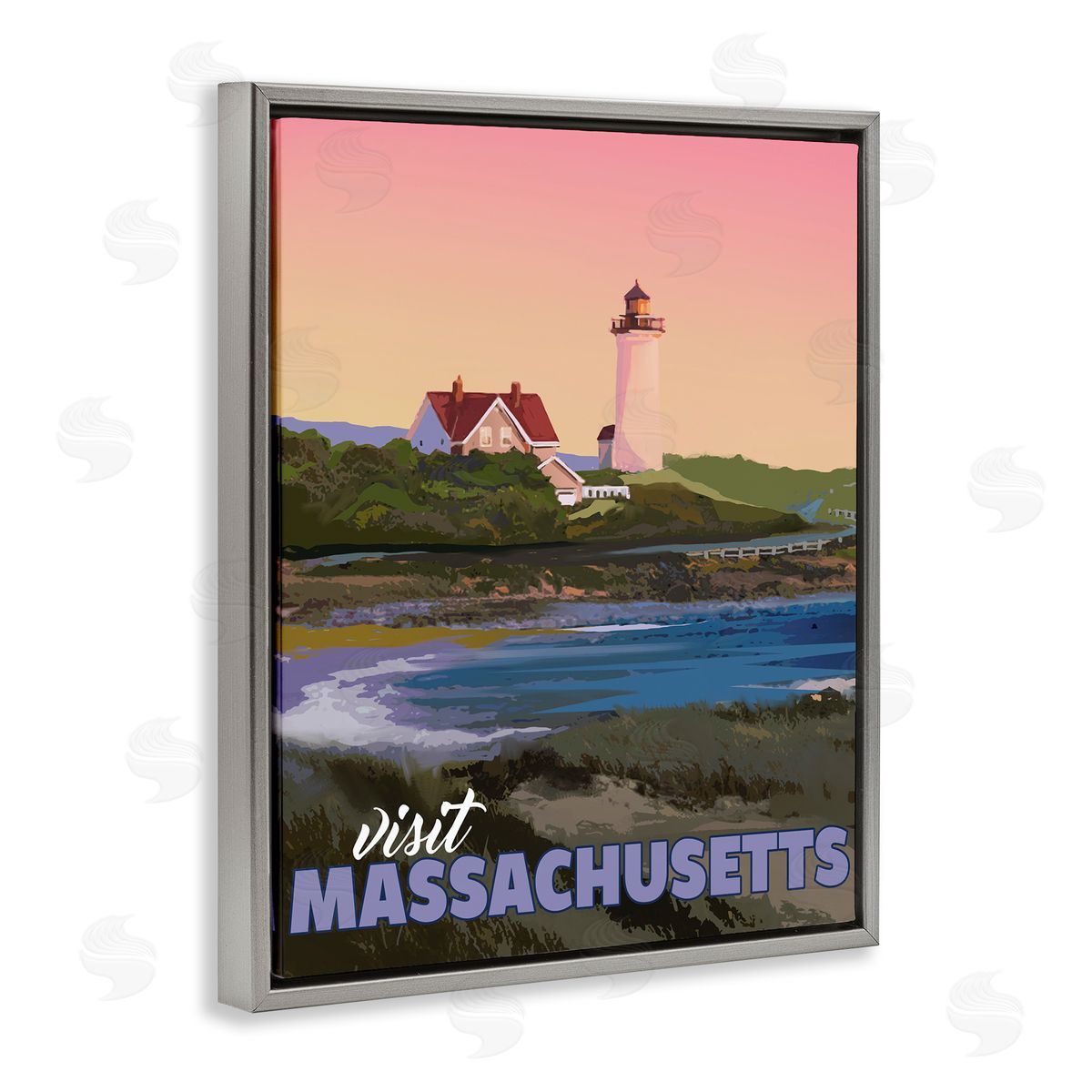David Owens Illustration Visit Massachusetts Pink Sunset Sky Ocean Inlet  Gray Floating Frame Canvas Wall Art Print