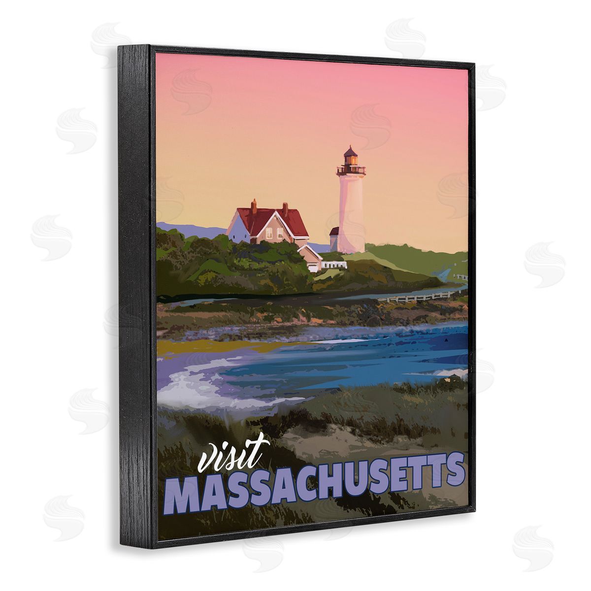 David Owens Illustration Visit Massachusetts Pink Sunset Sky Ocean Inlet  Black Framed Giclee Wall Art Print