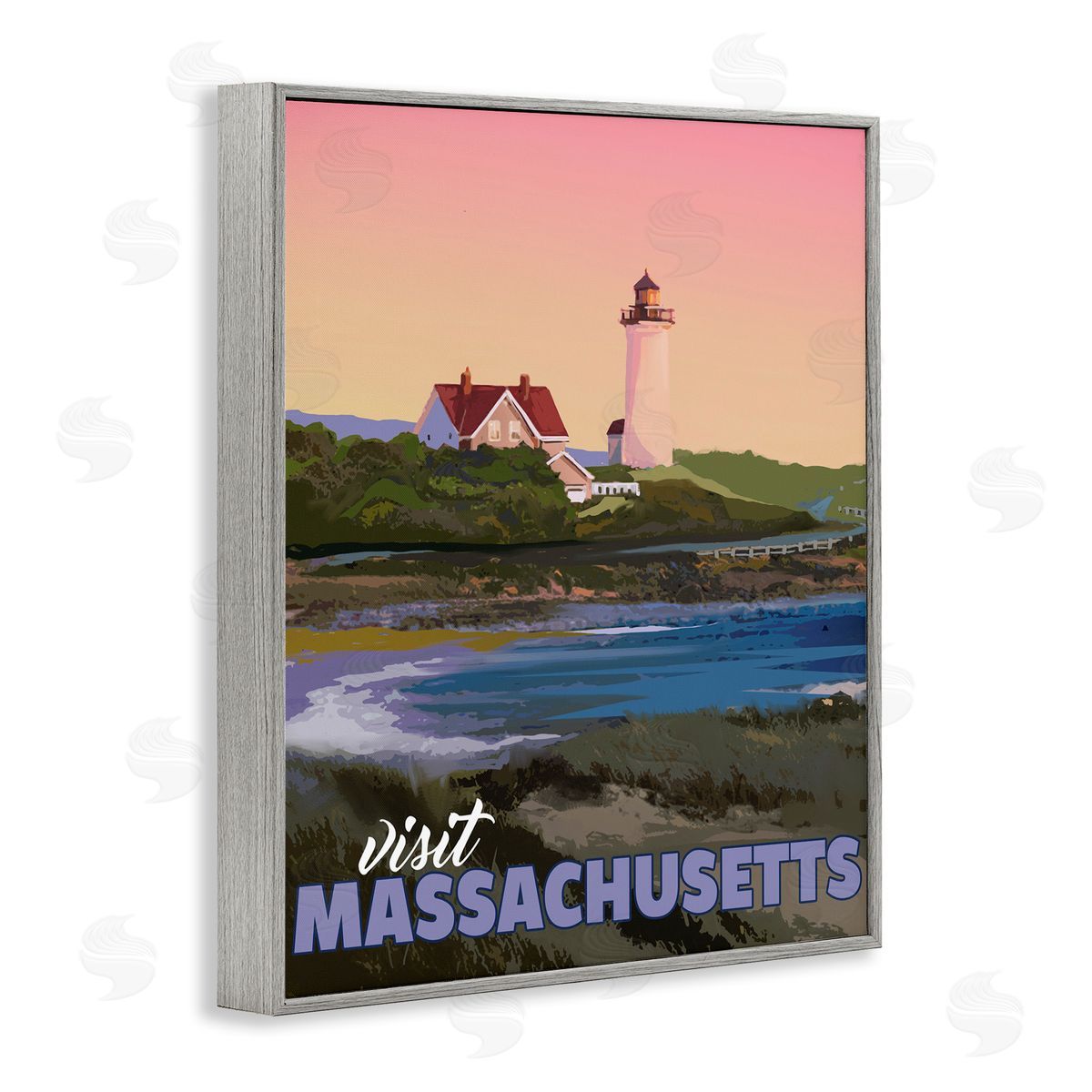 David Owens Illustration Visit Massachusetts Pink Sunset Sky Ocean Inlet  Gray Framed Giclee Wall Art Print