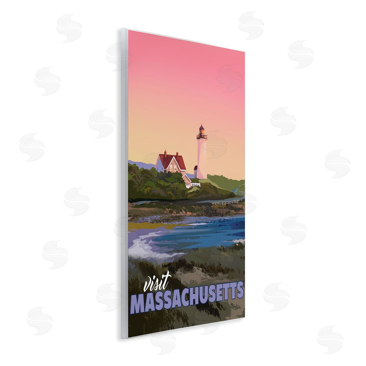 David Owens Illustration Visit Massachusetts Pink Sunset Sky Ocean Inlet  Wall Plaque Art Print