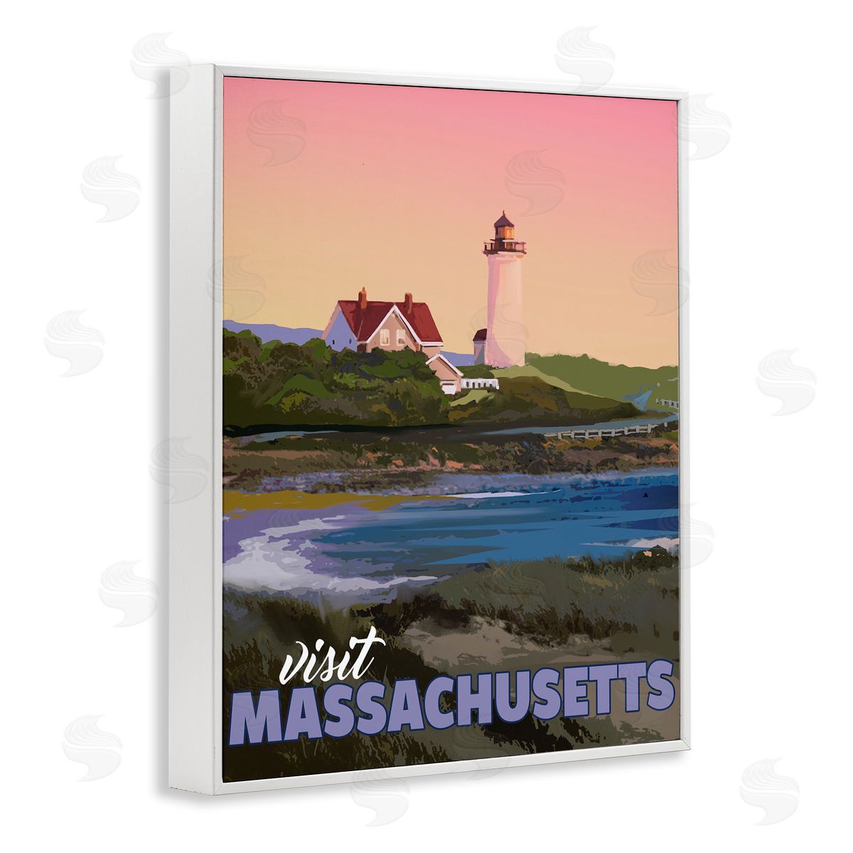 David Owens Illustration Visit Massachusetts Pink Sunset Sky Ocean Inlet  White Framed Giclee Wall Art Print