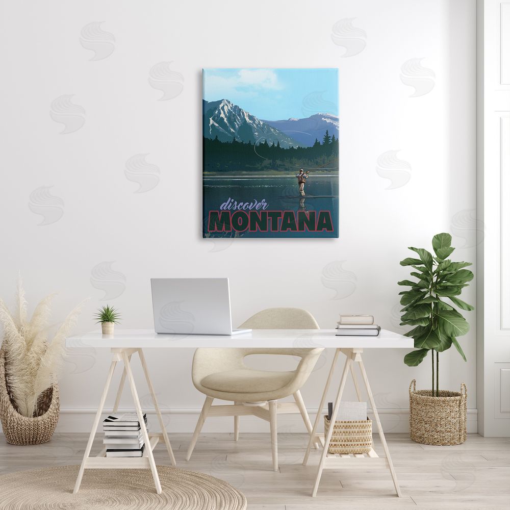 David Owens Illustration Montana Travel Fly Fishing Lake Mountains Landscape Canvas Wall Art Print in Room