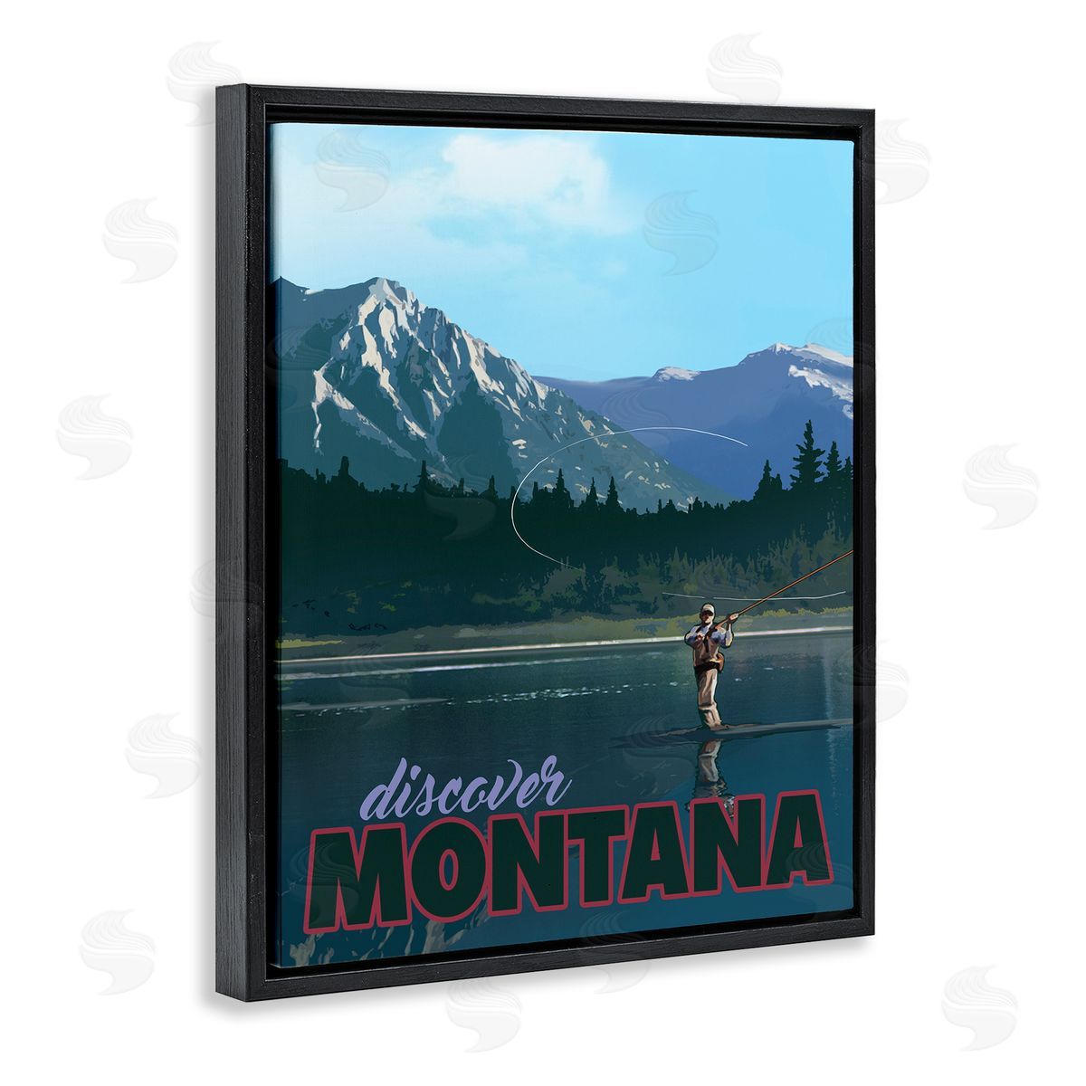 David Owens Illustration Montana Travel Fly Fishing Lake Mountains Landscape Black Floating Frame Canvas Wall Art Print