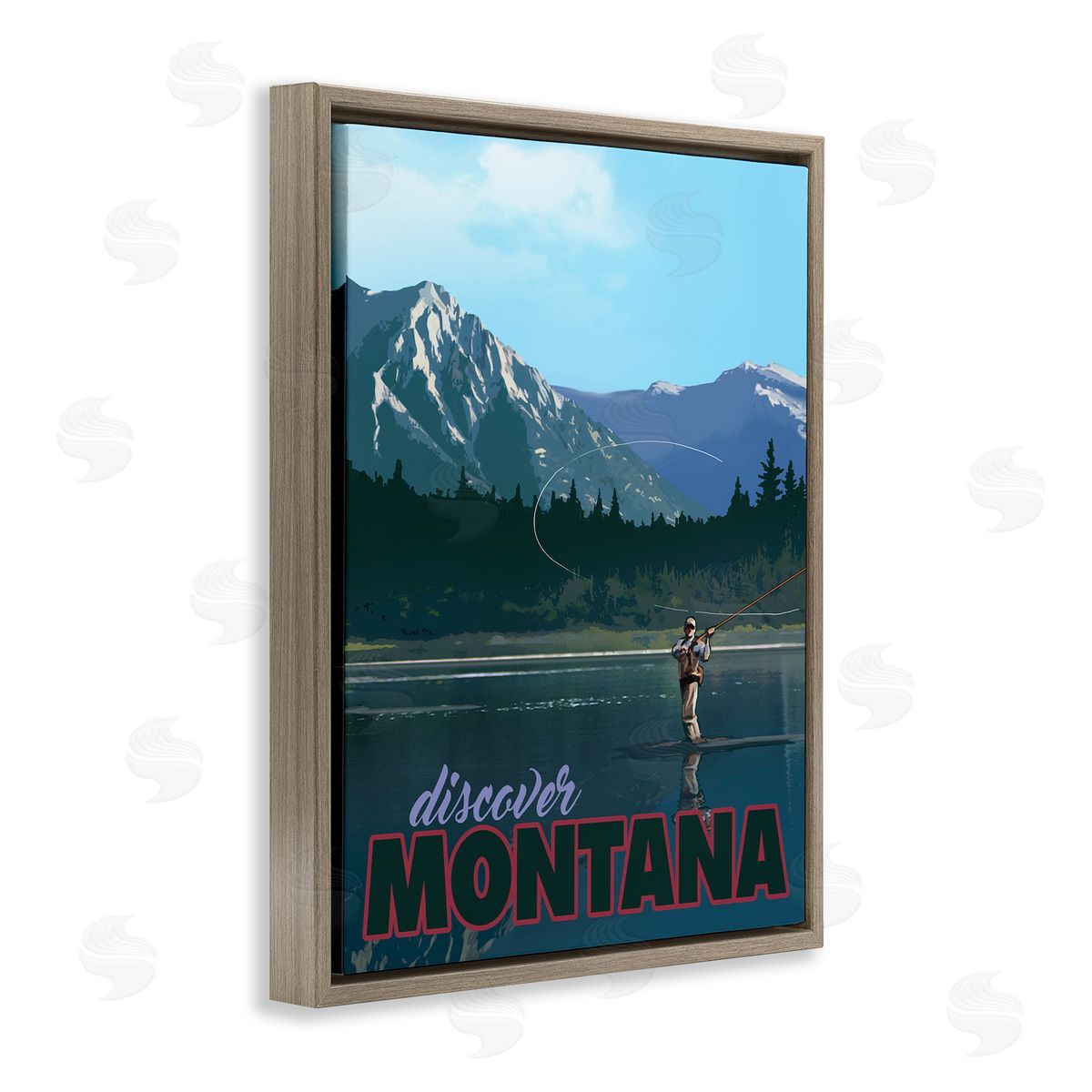 David Owens Illustration Montana Travel Fly Fishing Lake Mountains Landscape Brown Floating Frame Canvas Wall Art Print