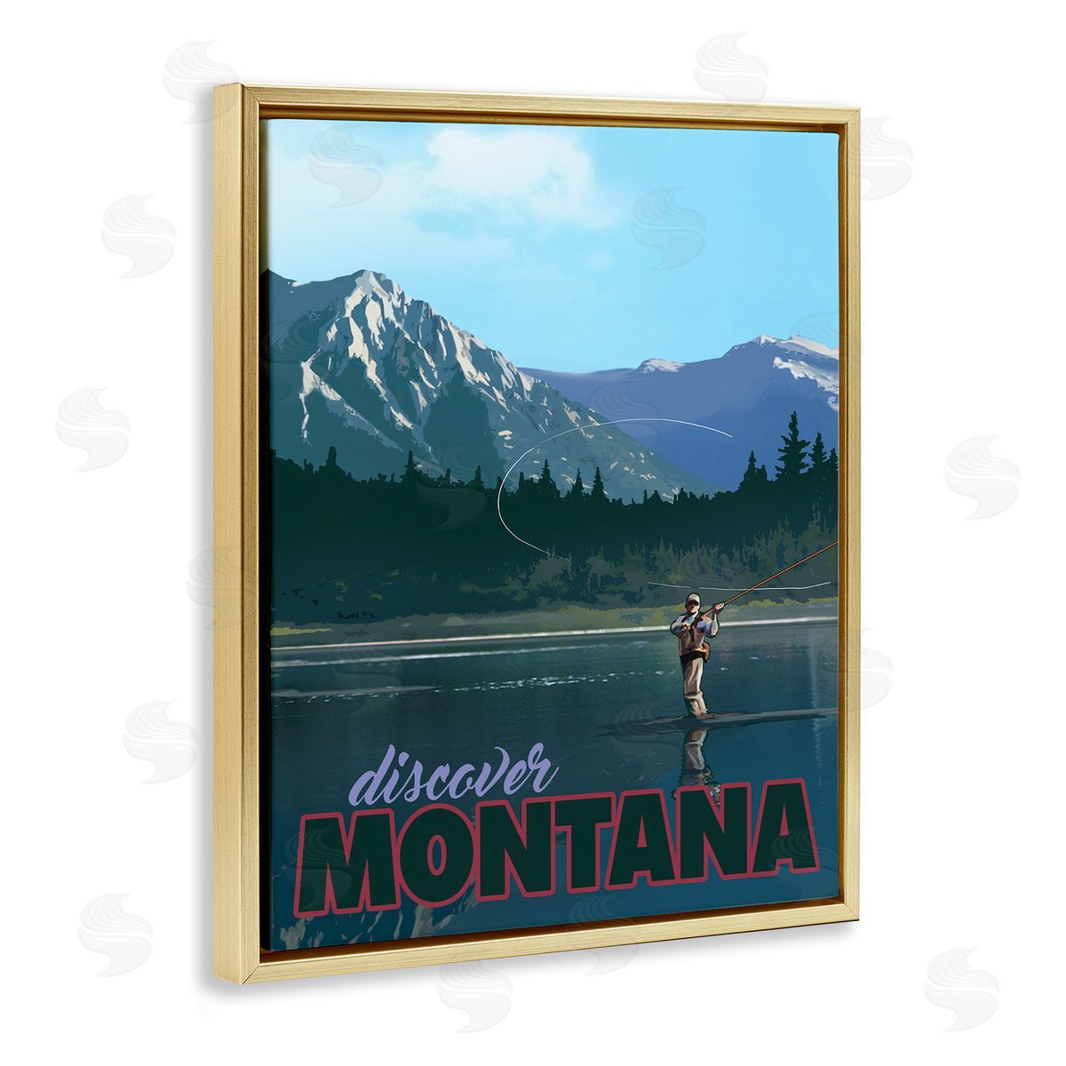 David Owens Illustration Montana Travel Fly Fishing Lake Mountains Landscape Gold Floating Frame Canvas Wall Art Print