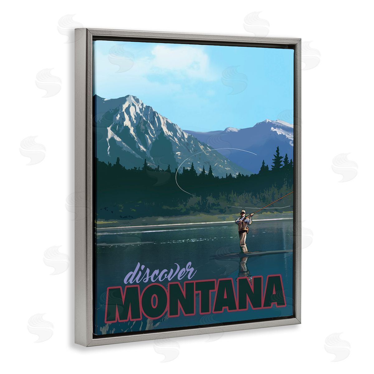 David Owens Illustration Montana Travel Fly Fishing Lake Mountains Landscape Gray Floating Frame Canvas Wall Art Print