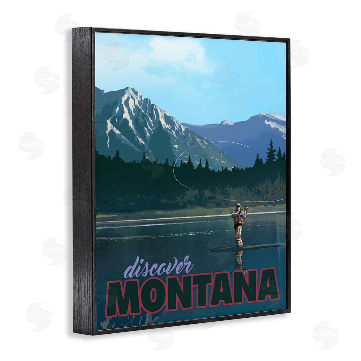 David Owens Illustration Montana Travel Fly Fishing Lake Mountains Landscape Black Framed Giclee Wall Art Print