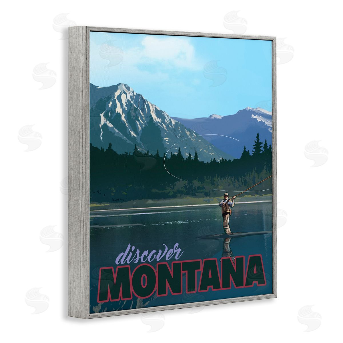 David Owens Illustration Montana Travel Fly Fishing Lake Mountains Landscape Gray Framed Giclee Wall Art Print