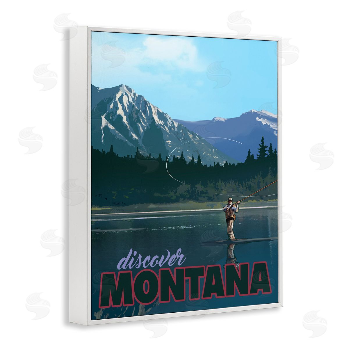 David Owens Illustration Montana Travel Fly Fishing Lake Mountains Landscape White Framed Giclee Wall Art Print